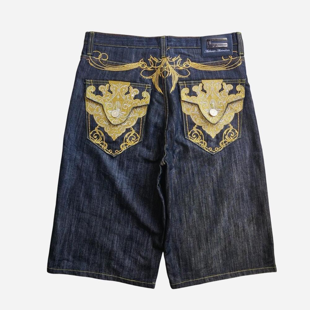 sick Y2K Coogi all embroidered black baggy denim shorts with gold embroidered